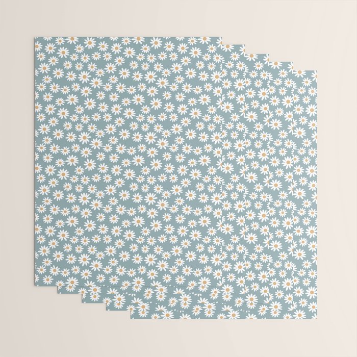 Daisies - daisy floral repeat, daisy flowers, 70s, retro, black, daisy florals dusty blue Wrapping Paper Gallery Image 3