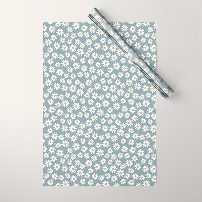 Daisies - daisy floral repeat, daisy flowers, 70s, retro, black, daisy florals dusty blue Wrapping Paper Gallery Image 1