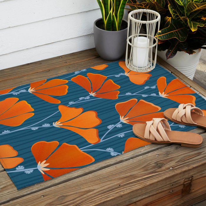 Festive Deco Flowers - Orange and Blue Floral Pattern Outdoor Rug Gallery Image 2