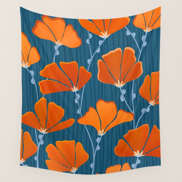 Festive Deco Flowers - Orange and Blue Floral Pattern Wall Tapestry Gallery Image 4