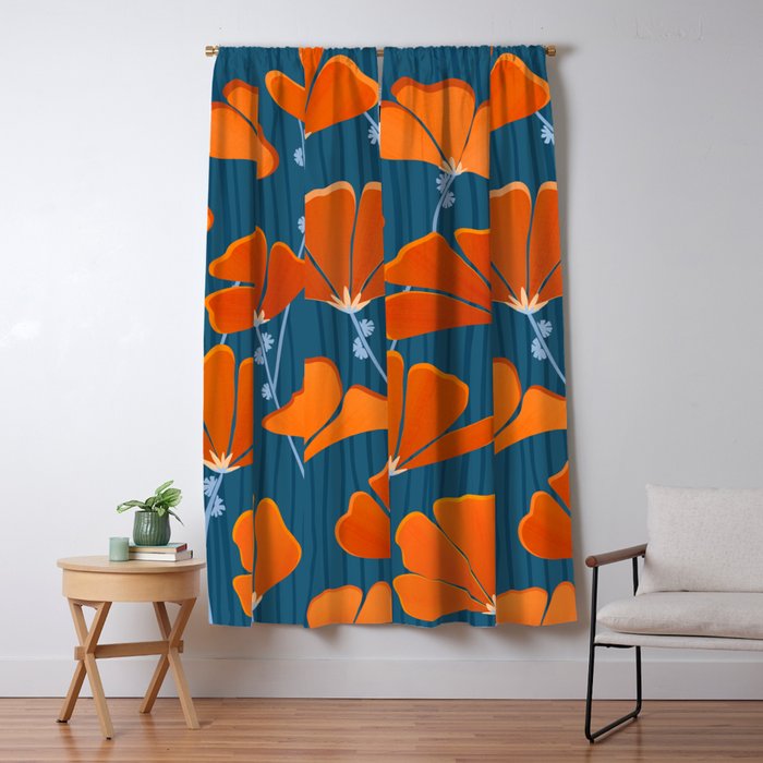 Festive Deco Flowers - Orange and Blue Floral Pattern Window Curtain Gallery Image 1