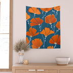 Festive Deco Flowers - Orange and Blue Floral Pattern Wall Tapestry Gallery Image 2