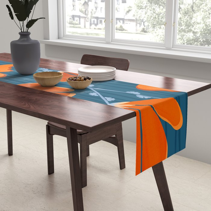 Festive Deco Flowers - Orange and Blue Floral Pattern Table Runner Gallery Image 2