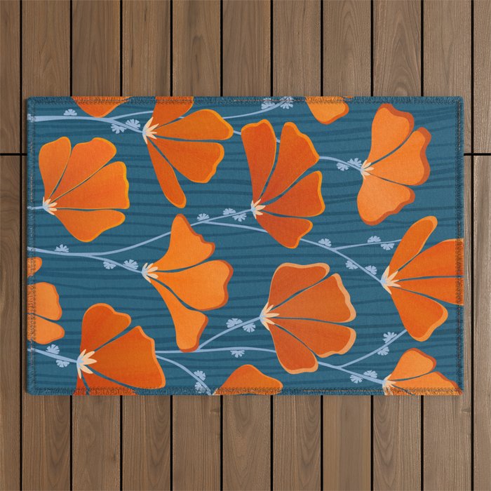 Festive Deco Flowers - Orange and Blue Floral Pattern Outdoor Rug Gallery Image 1