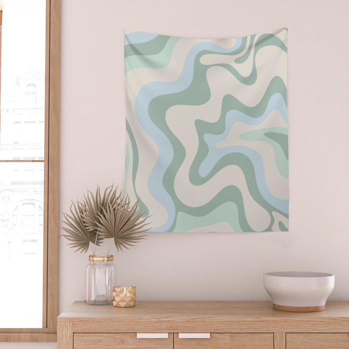 Retro Liquid Swirl Abstract Pattern Celadon Green Baby Blue Beige Wall Tapestry Gallery Image 2