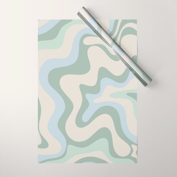 Retro Liquid Swirl Abstract Pattern Celadon Green Baby Blue Beige Wrapping Paper Gallery Image 1