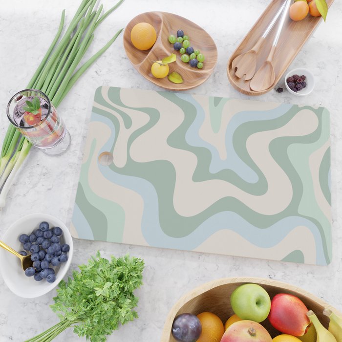 Retro Liquid Swirl Abstract Pattern Celadon Green Baby Blue Beige Cutting Board Gallery Image 2