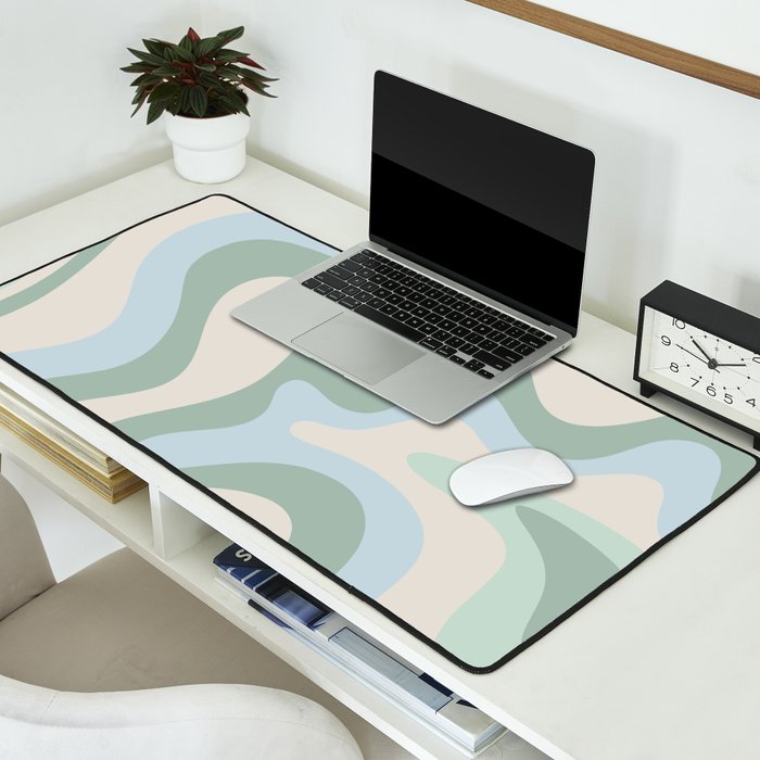 Retro Liquid Swirl Abstract Pattern Celadon Green Baby Blue Beige Desk Mat Gallery Image 2