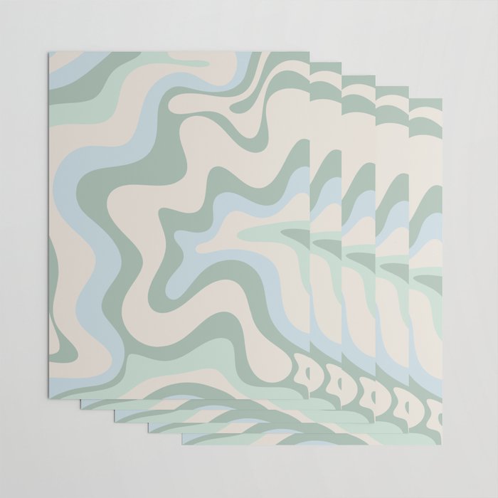 Retro Liquid Swirl Abstract Pattern Celadon Green Baby Blue Beige Wrapping Paper Gallery Image 3