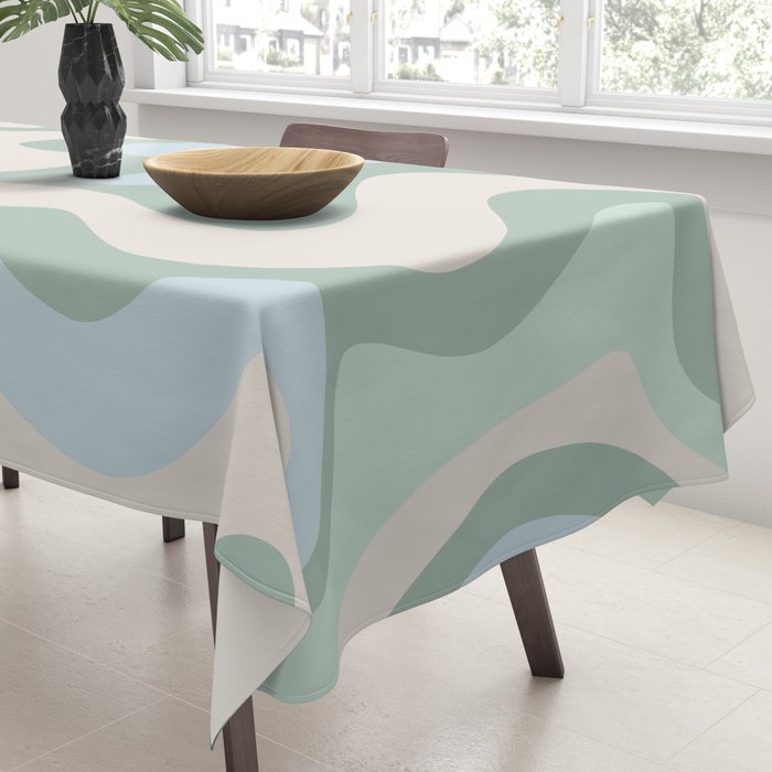 Retro Liquid Swirl Abstract Pattern Celadon Green Baby Blue Beige Tablecloth Gallery Image 3