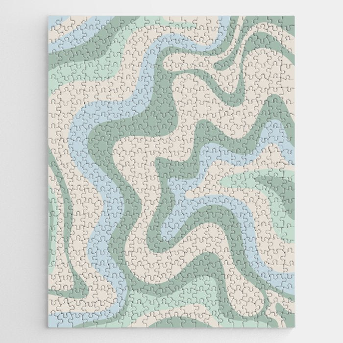 Retro Liquid Swirl Abstract Pattern Celadon Green Baby Blue Beige Jigsaw Puzzle Gallery Image 1