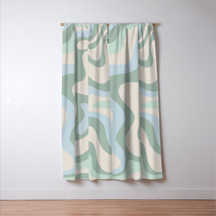 Retro Liquid Swirl Abstract Pattern Celadon Green Baby Blue Beige Window Curtain Gallery Image 3
