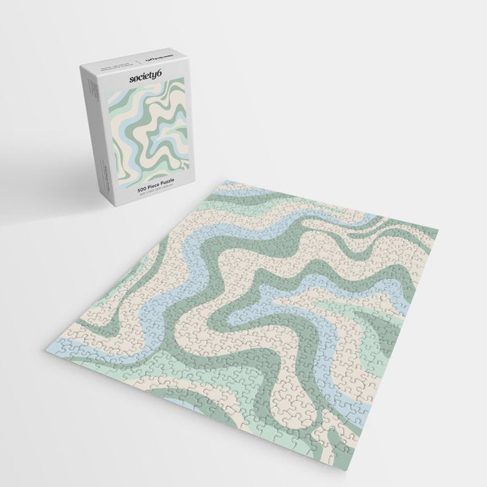 Retro Liquid Swirl Abstract Pattern Celadon Green Baby Blue Beige Jigsaw Puzzle Gallery Image 2