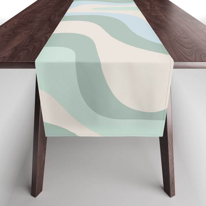 Retro Liquid Swirl Abstract Pattern Celadon Green Baby Blue Beige Table Runner Gallery Image 1
