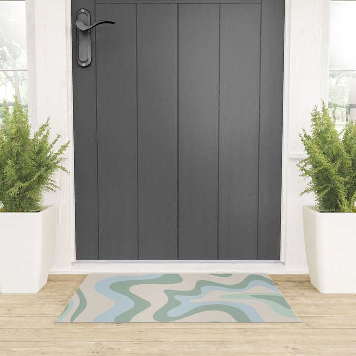 Retro Liquid Swirl Abstract Pattern Celadon Green Baby Blue Beige Welcome Mat Gallery Image 3