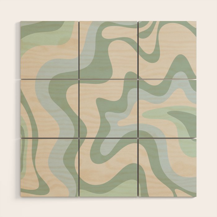 Retro Liquid Swirl Abstract Pattern Celadon Green Baby Blue Beige Wood Wall Art Gallery Image 1