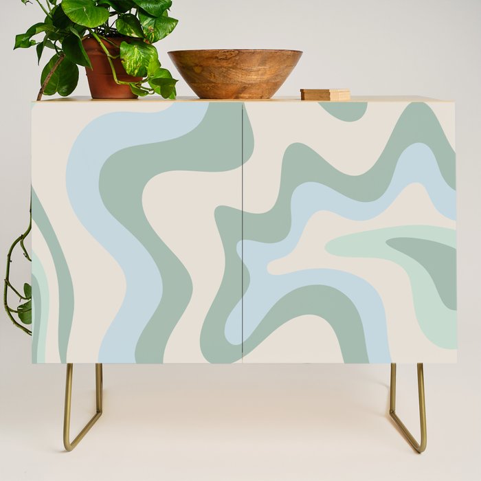 Retro Liquid Swirl Abstract Pattern Celadon Green Baby Blue Beige Credenza Gallery Image 1