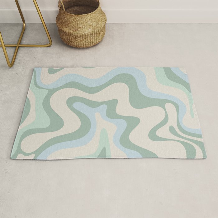 Retro Liquid Swirl Abstract Pattern Celadon Green Baby Blue Beige Rug Gallery Image 1