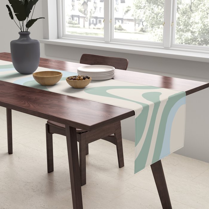 Retro Liquid Swirl Abstract Pattern Celadon Green Baby Blue Beige Table Runner Gallery Image 2