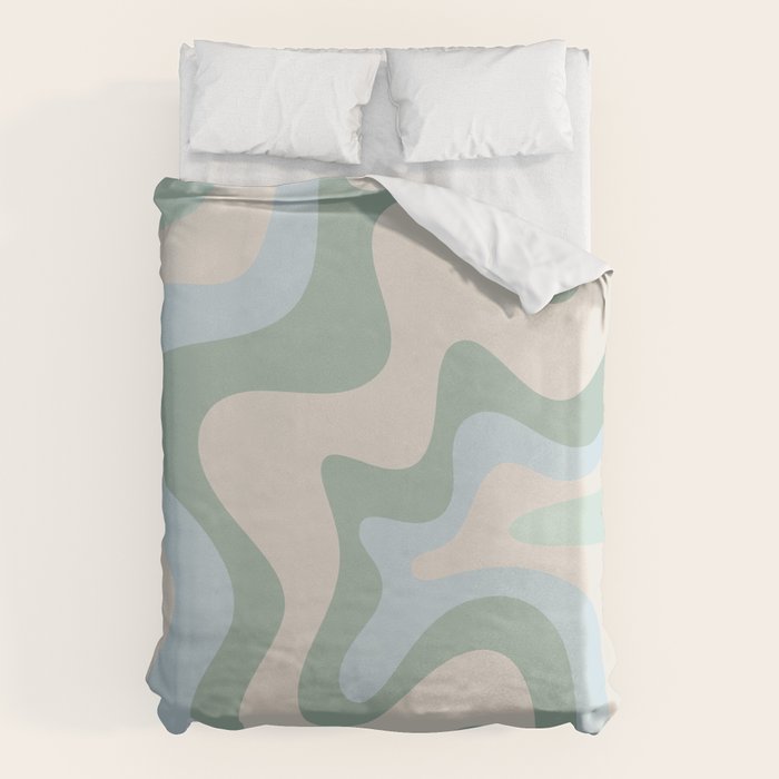 Retro Liquid Swirl Abstract Pattern Celadon Green Baby Blue Beige Duvet Cover Gallery Image 6