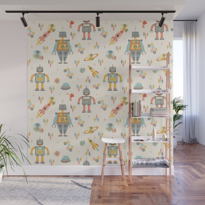 Vintage Inspired Robots in Space Wall Mural Gallery Image 1