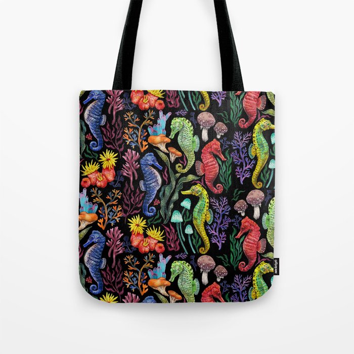 Undersea seahorsesï¼mushrooms and corals- black Tote Bag Gallery Image 1