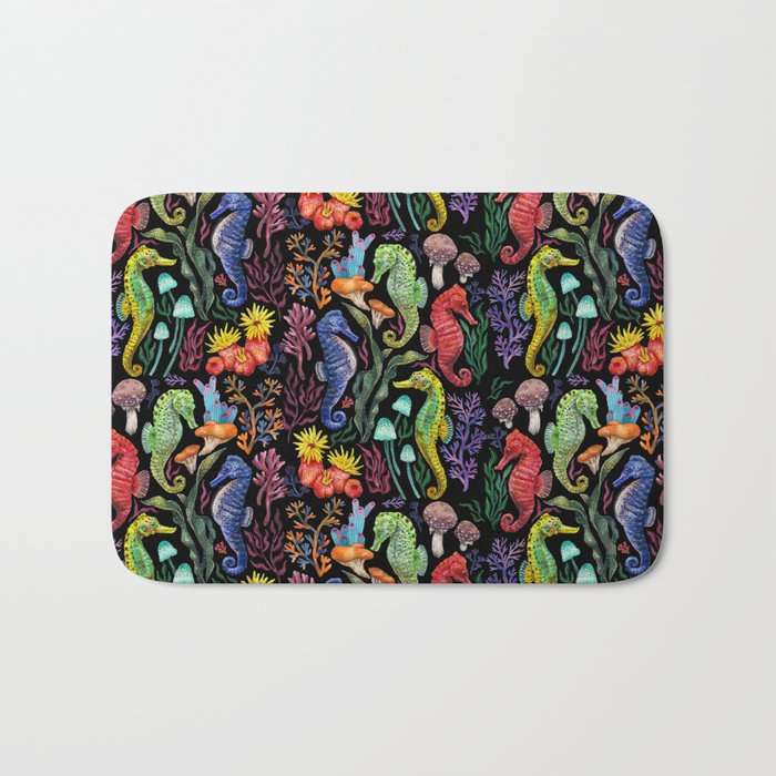 Undersea seahorsesï¼mushrooms and corals- black Bath Mat Gallery Image 1