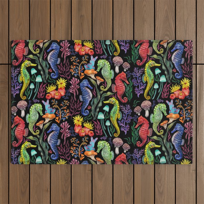 Undersea seahorsesï¼mushrooms and corals- black Outdoor Rug Gallery Image 1