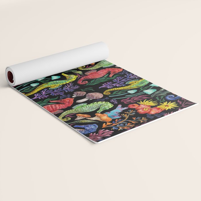 Undersea seahorsesï¼mushrooms and corals- black Yoga Mat Gallery Image 2