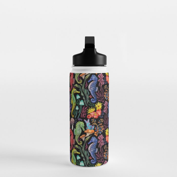 Undersea seahorsesï¼mushrooms and corals- black Water Bottle Gallery Image 3