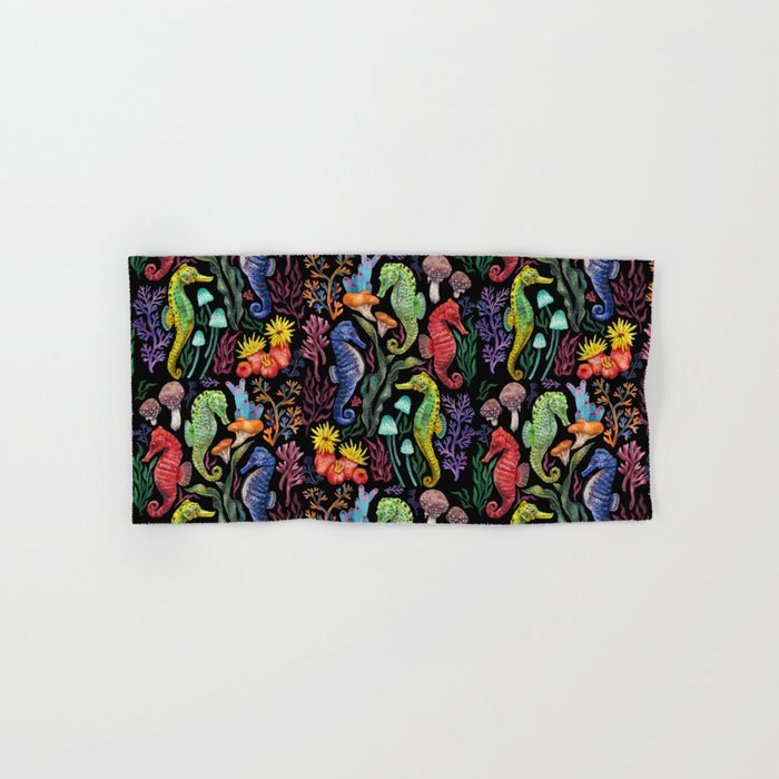 Undersea seahorsesï¼mushrooms and corals- black Bath Towel Gallery Image 1