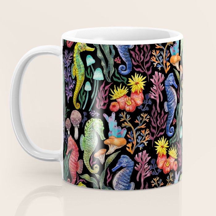 Undersea seahorsesï¼mushrooms and corals- black Coffee Mug Gallery Image 3