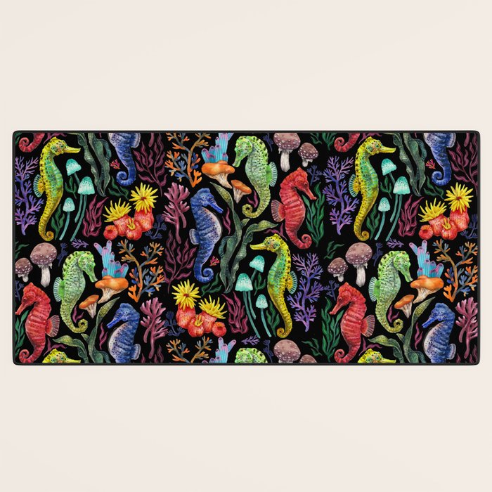 Undersea seahorsesï¼mushrooms and corals- black Desk Mat Gallery Image 3