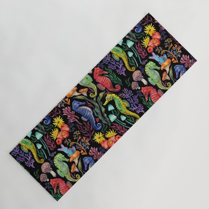 Undersea seahorsesï¼mushrooms and corals- black Yoga Mat Gallery Image 1