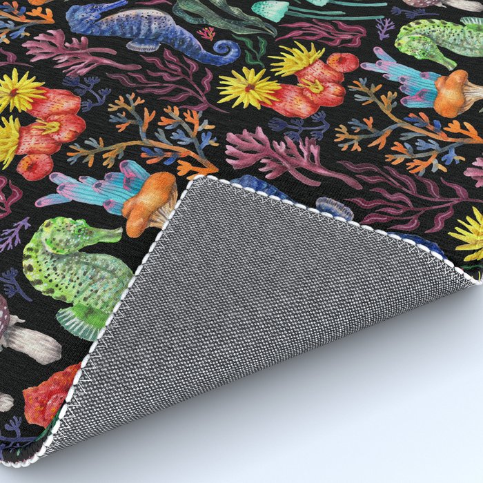 Undersea seahorsesï¼mushrooms and corals- black Rug Gallery Image 4