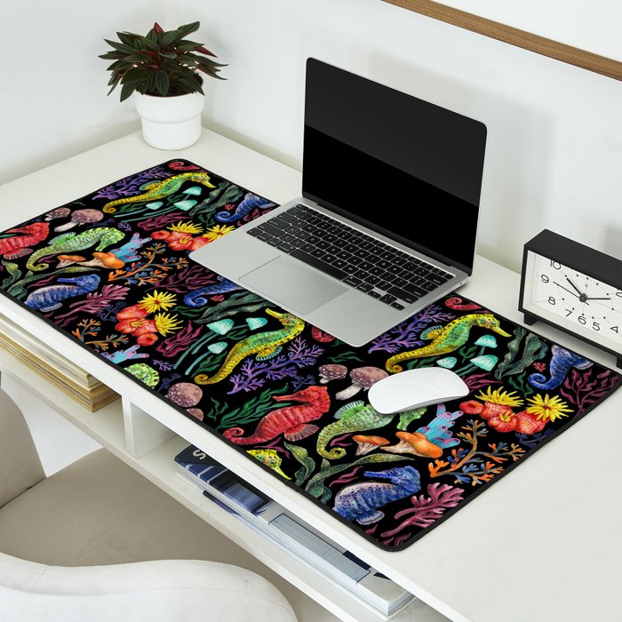 Undersea seahorsesï¼mushrooms and corals- black Desk Mat Gallery Image 2