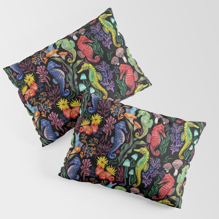 Undersea seahorsesï¼mushrooms and corals- black Pillow Sham Gallery Image 3