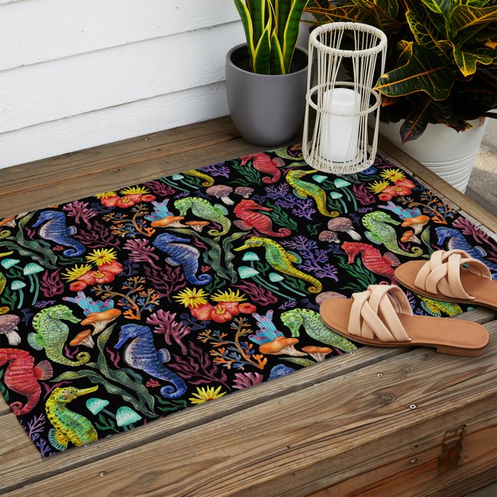 Undersea seahorsesï¼mushrooms and corals- black Outdoor Rug Gallery Image 2