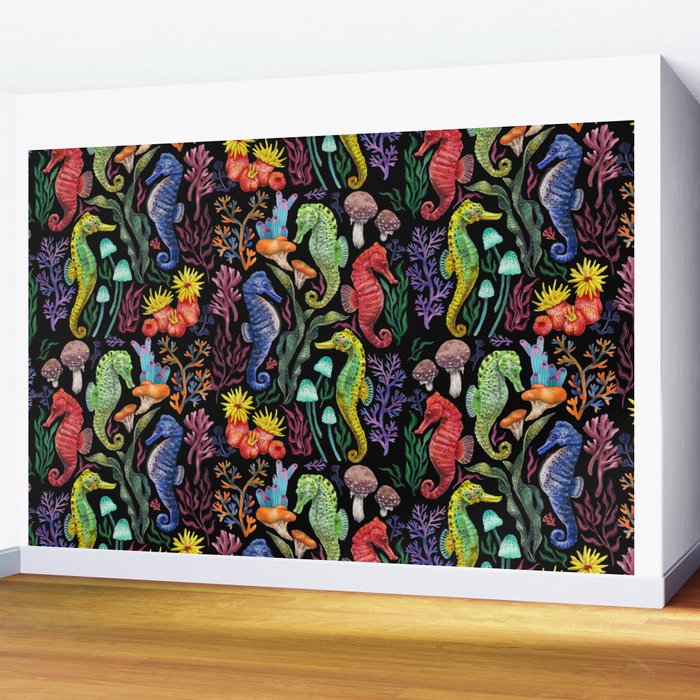 Undersea seahorsesï¼mushrooms and corals- black Wall Mural Gallery Image 2