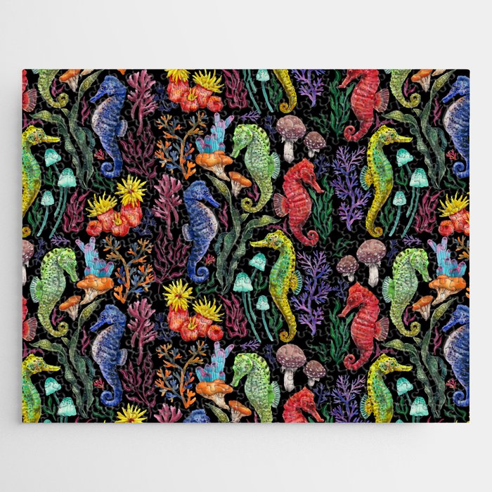 Undersea seahorsesï¼mushrooms and corals- black Jigsaw Puzzle Gallery Image 1