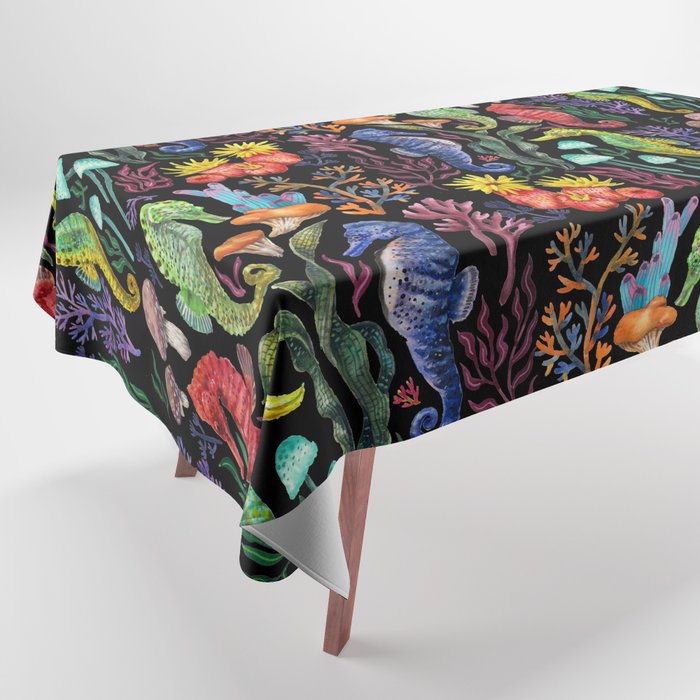 Undersea seahorsesï¼mushrooms and corals- black Tablecloth Gallery Image 1