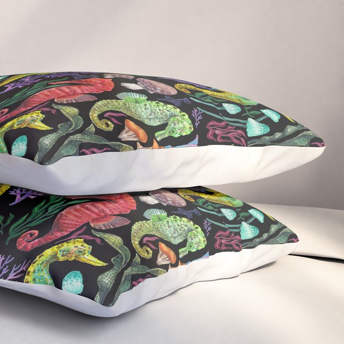 Undersea seahorsesï¼mushrooms and corals- black Pillow Sham Gallery Image 3