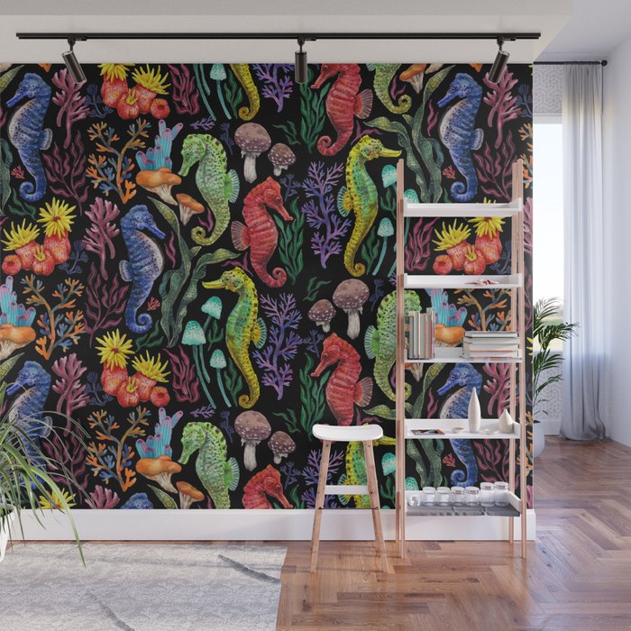 Undersea seahorsesï¼mushrooms and corals- black Wall Mural Gallery Image 1