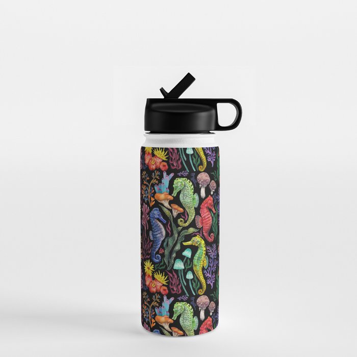 Undersea seahorsesï¼mushrooms and corals- black Water Bottle Gallery Image 1