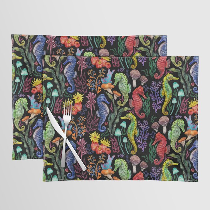 Undersea seahorsesï¼mushrooms and corals- black Placemat Gallery Image 1