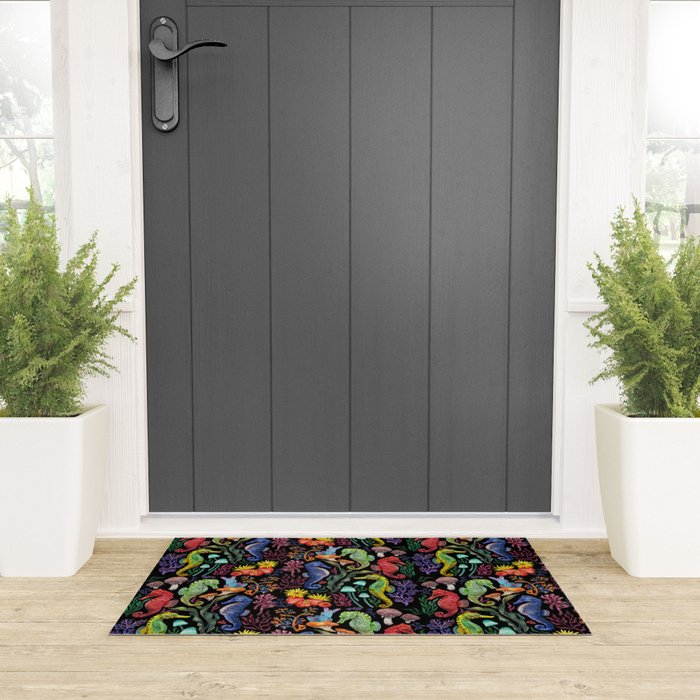 Undersea seahorsesï¼mushrooms and corals- black Welcome Mat Gallery Image 3