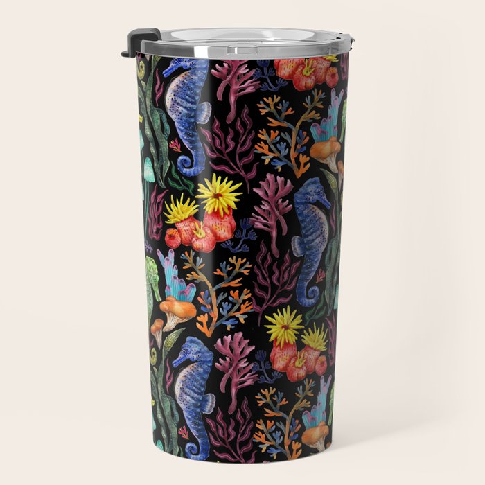 Undersea seahorsesï¼mushrooms and corals- black Travel Mug Gallery Image 3