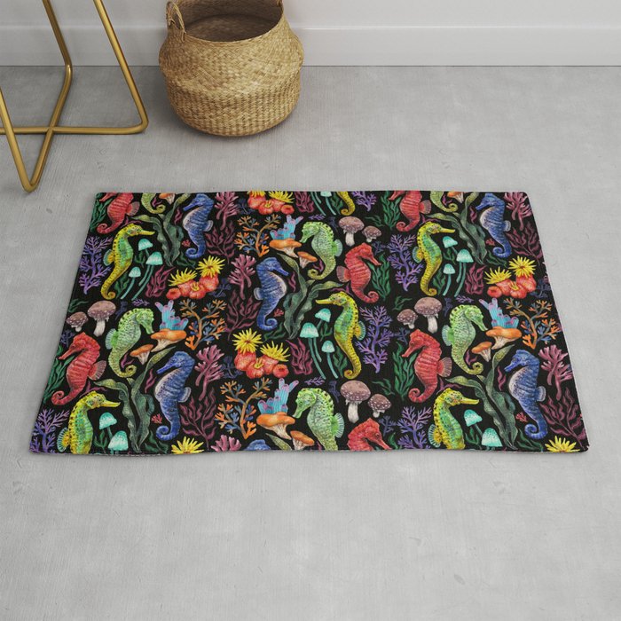 Undersea seahorsesï¼mushrooms and corals- black Rug Gallery Image 1