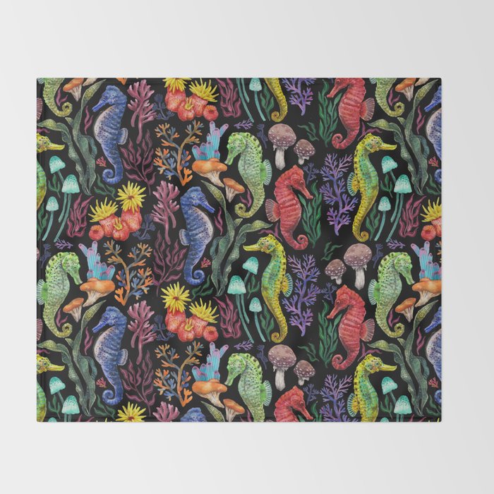 Undersea seahorsesï¼mushrooms and corals- black Throw Blanket Gallery Image 2