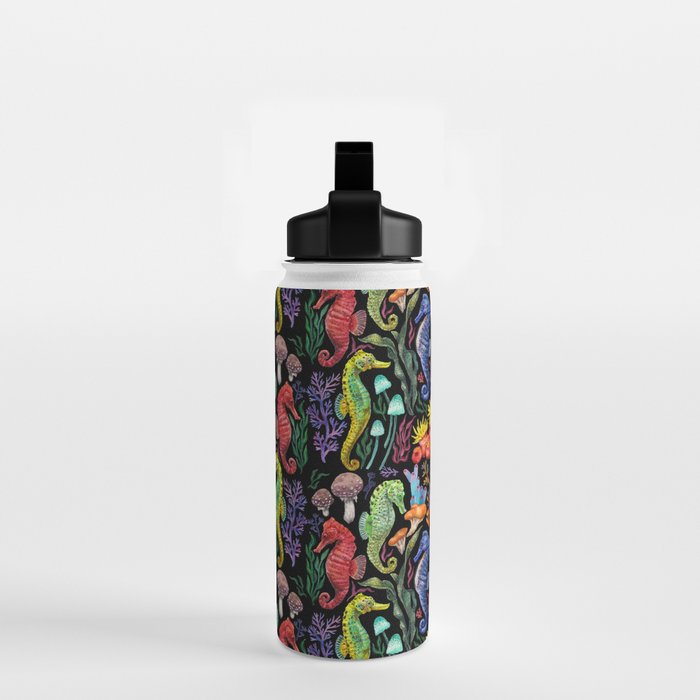 Undersea seahorsesï¼mushrooms and corals- black Water Bottle Gallery Image 2
